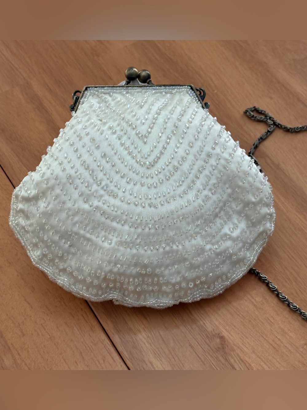 Jessica McLintock Vintage White Satin Beaded Shell Purse
